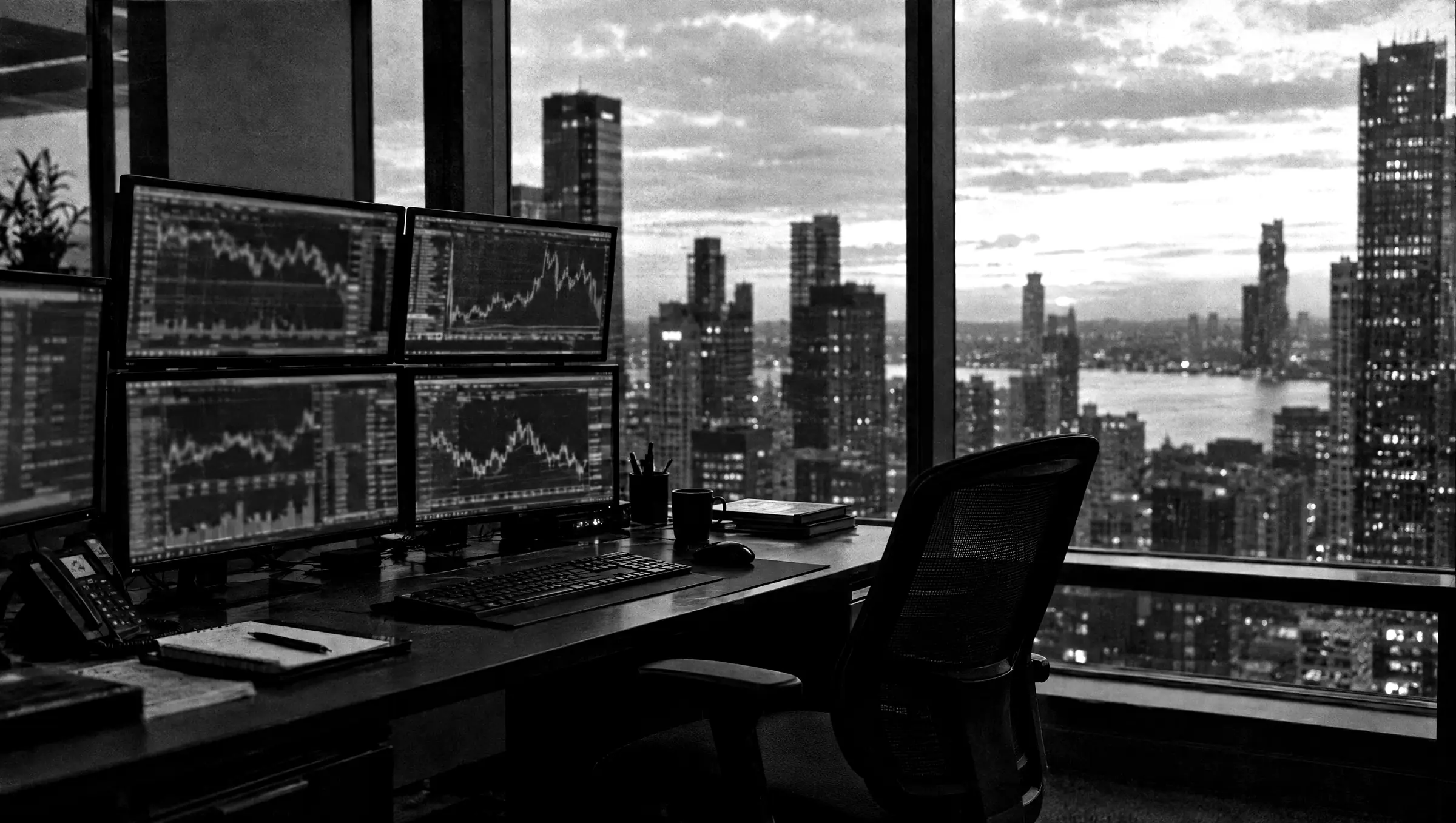 Trading desk with monitors at dusk